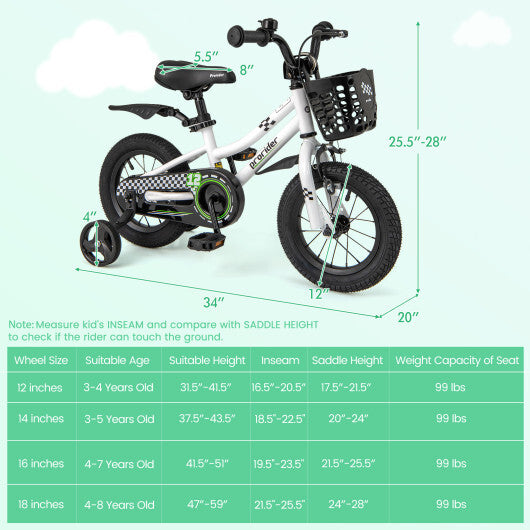 12 Inch Kids Bike Children Bicycle with Training Wheels for 3-4 Years Old-Navy