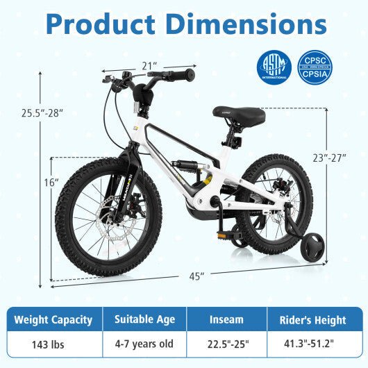 16 Inch Kids Bike Magnesium Alloy Bicycle Adjustable for Aged 4 to 7-16 inches