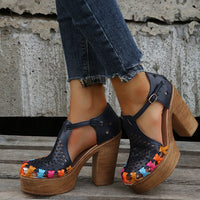 Printed Ethnic Style High-heeled Women's Floral Buckle Chunky Heel Toe Roman Sandals
