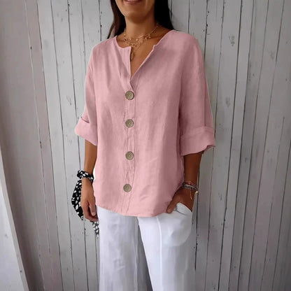 Loose-fit Women's V-neck Cotton-Linen Button T-shirt Top