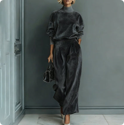 Casual Warm Velour Long-sleeved Solid Color High-neck Zipper Wide-leg Sportswear