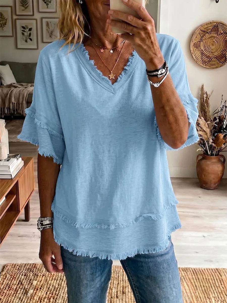 Casual Women's Shirt V-Neck Short Sleeve Loose Fit Pure Color Summer Fashion Trend Pullover Tops For Daily Wear