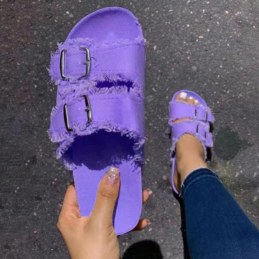 Casual Solid Canvas Buckle Denim Flat Slippers