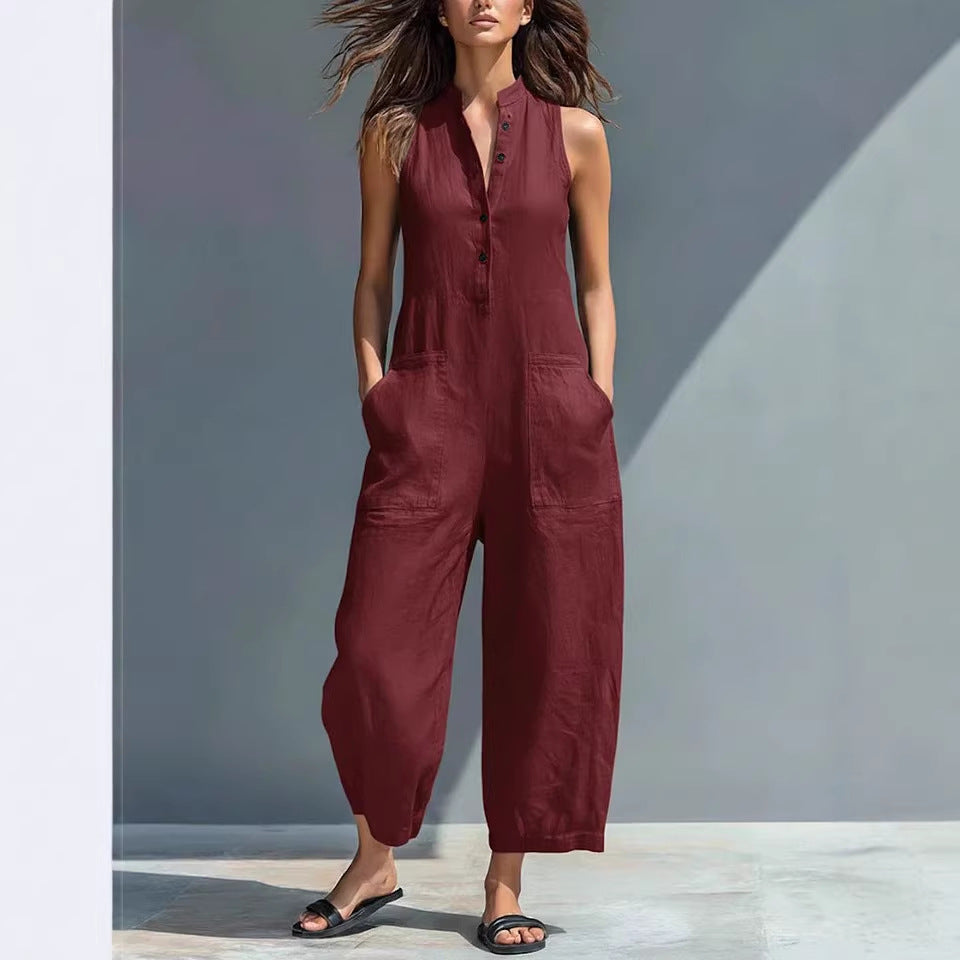 Summer Sleeveless Jumpsuit With Pockets Fashion Casual V-Neck Buttons Trousers Women's Overall Pants