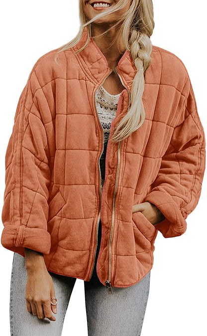 Winter Zip-up Stand Collar Coat With Pockets Fashion Solid Color Plaid Long Sleeved Jacket Women's Clothing