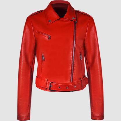 Lapel Short Belt Women's PU Simple Leather Jacket Motorcycle Jacket