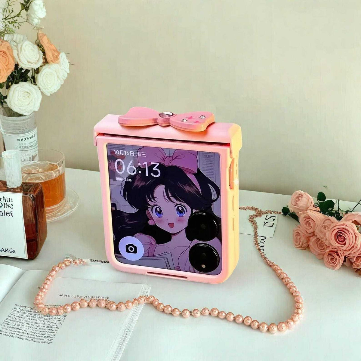 Cute Bow Hand Bracelet Hinge Case for Xiaomi MIX Flip - Stylish Protective Cover with Secure Chain Grip for MIX Flip Phones