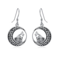 Wolf Celtic Moon Dangle Drop Earrings in Sterling Silver