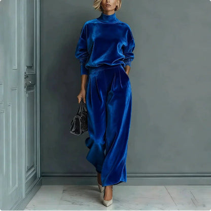 Casual Warm Velour Long-sleeved Solid Color High-neck Zipper Wide-leg Sportswear
