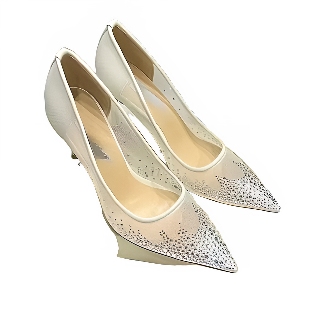 Women's high heels and single shoes for spring and summer  new mesh diamond fashion banquet pointed women's shallow mouth shoes