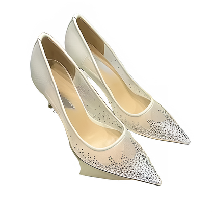 Women's high heels and single shoes for spring and summer  new mesh diamond fashion banquet pointed women's shallow mouth shoes