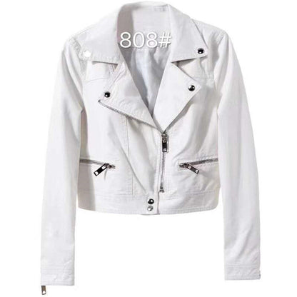 Motorcycle Leather Women's Short Slim Fit Plus Size Washed Leather Jacket