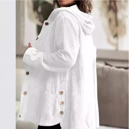 Women's Corduroy Hooded Jacket Fashion Warm Pockets Button Mid-length Top Casual Fall Winter Outwear Clothing