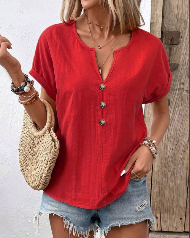 Women's Buttoned V-neck Short-sleeve T-shirt Top
