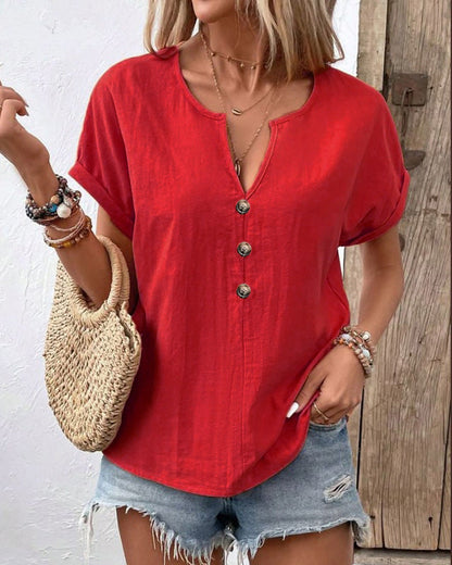 Women's Buttoned V-neck Short-sleeve T-shirt Top