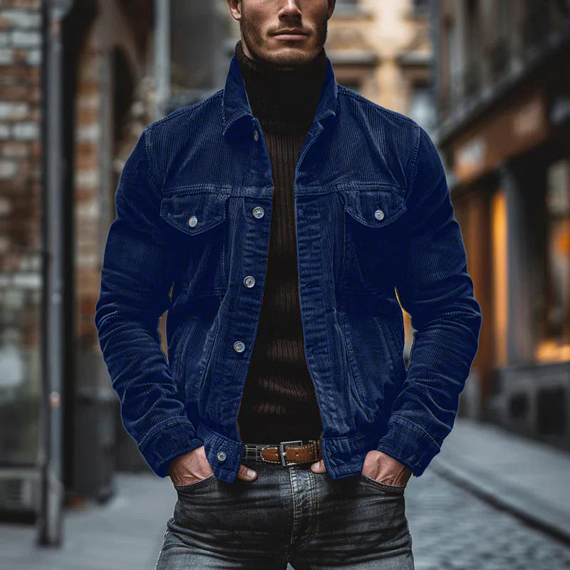 Men's Pocket Corduroy Long Sleeve Striped Lapel Jacket