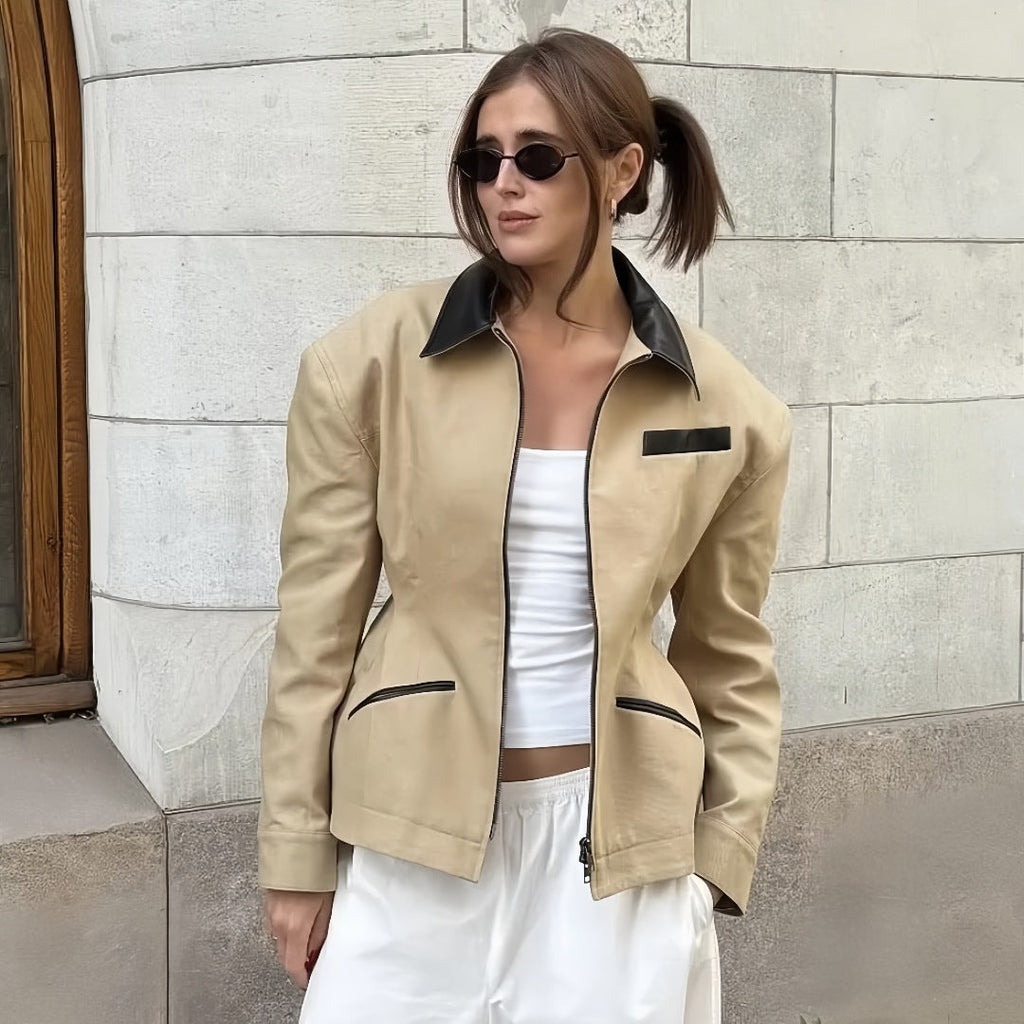 Retro Lapels Contrast Color Waist-tight Motorcycle Slim-fit Leather Coat Zipper Jacket