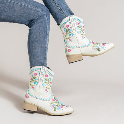 Ethnic Style Female Embroidered Flowers European And American Mid-tube Western Boots