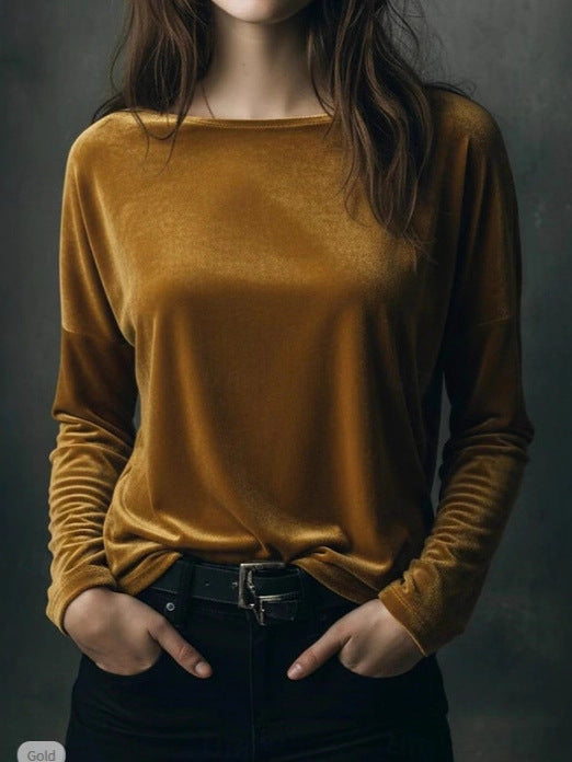 Female Solid Color Loose Fit Crew-neck Pullover Velvet T-shirt