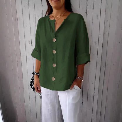 Loose-fit Women's V-neck Cotton-Linen Button T-shirt Top