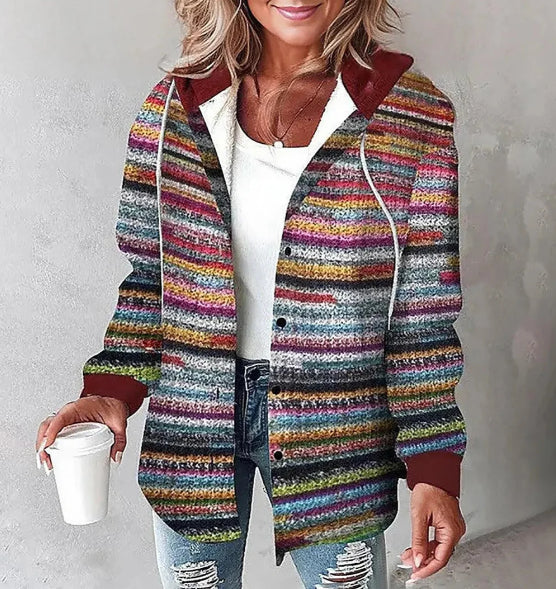 Plaid Hooded Jacket Fashion Casual Button Pocket Coat Autumn And Winter Women's Clothing