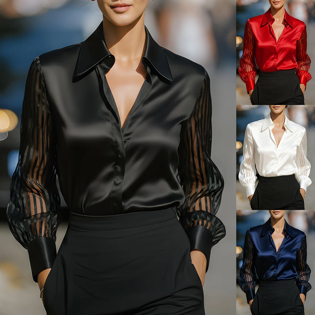 Solid Color Versatile Loose Satin Long Sleeve Shirt Women