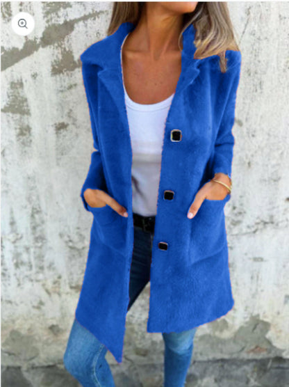Single-breasted Polo Collar Pocket Mid-length Coat