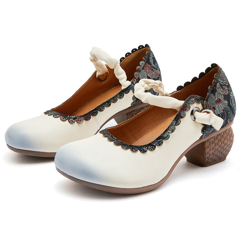 Vintage Chinese Element Violet Butterfly Thick Heel Soft Leather Round Toe Versatile Single Shoe