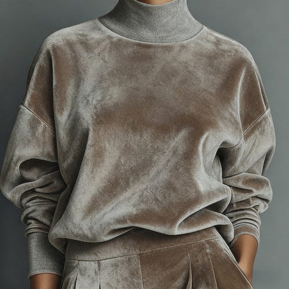Casual Warm Velour Long-sleeved Solid Color High-neck Zipper Wide-leg Sportswear