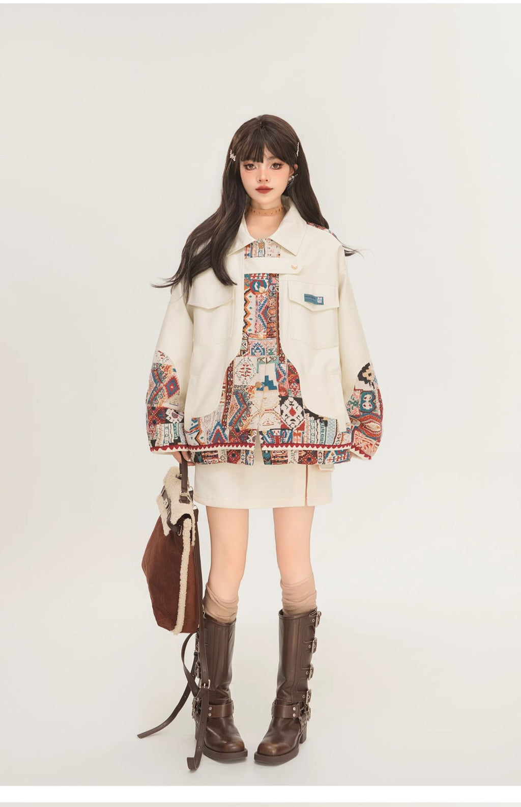 Jacquard Splicing Motorcycle PU Leather Jacket