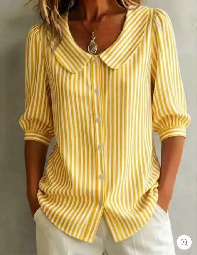 Mid-sleeve Striped V-neck Shirt Top T-shirt Womens Clothing