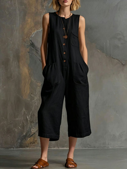 Retro Sleeveless Cotton-Linen Wide-Leg Cropped Jumpsuit