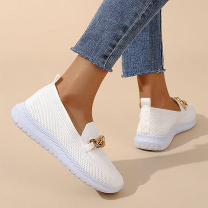 Women's Mesh Sports Walking Shoes - Breathable Flyknit Athletic Shoes with Medium Heel (3-5cm) in Apricot/White/Black (Sizes 36-42)