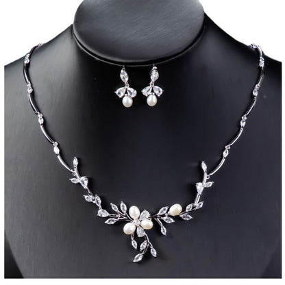 Sweet Pearl Zircon Ear Stud Necklace Jewelry Suit