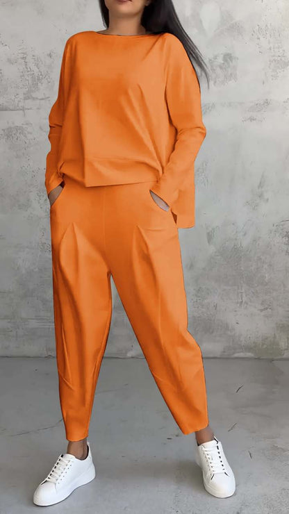 Women's Irregular Suit Long-sleeved Round Neck Top And Loose Harem Pants With Pockets Ins Fashion Trousers Set Women's Clothing