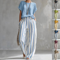 Short-sleeved Trousers Suit Summer Fashion Round Neck Pullover T-Shirt And Striped Print Straight Leg Pants Two-Piece Clothing For Women