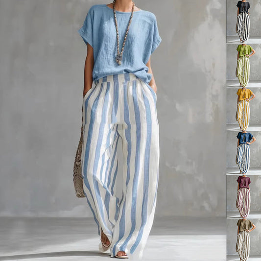 Short-sleeved Trousers Suit Summer Fashion Round Neck Pullover T-Shirt And Striped Print Straight Leg Pants Two-Piece Clothing For Women