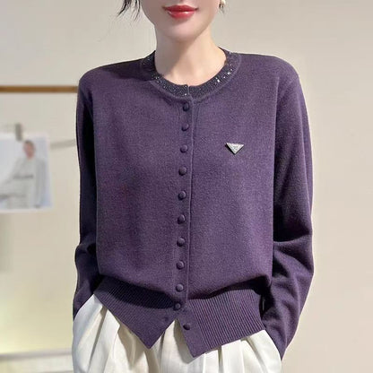 Womens Round-Neck, Diamond-Embellished, Solid-Colored Knit Cardigan