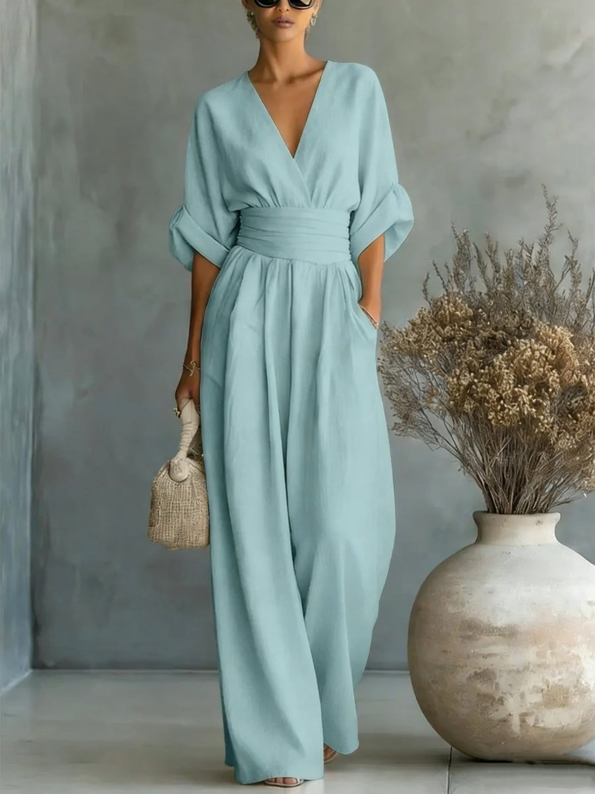 Summer Short-sleeved Jumpsuit Fashion Casual V-Neck Wide-Leg Pants Womens Clothing