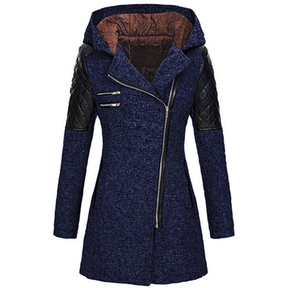 Women Warm Slim Full Zipper Coat Thick Woolen Coat Female Fall Winter Windbreaker Hooded Diagonal Zipper Women's Clothing