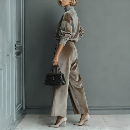 Casual Warm Velour Long-sleeved Solid Color High-neck Zipper Wide-leg Sportswear