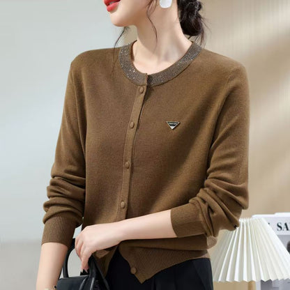 Womens Round-Neck, Diamond-Embellished, Solid-Colored Knit Cardigan