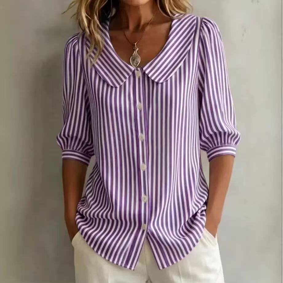 Mid-sleeve Striped V-neck Shirt Top T-shirt Womens Clothing