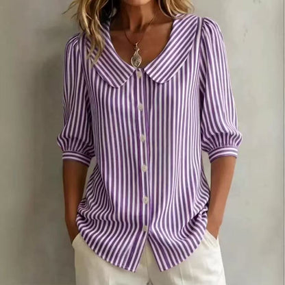 Mid-sleeve Striped V-neck Shirt Top T-shirt Womens Clothing