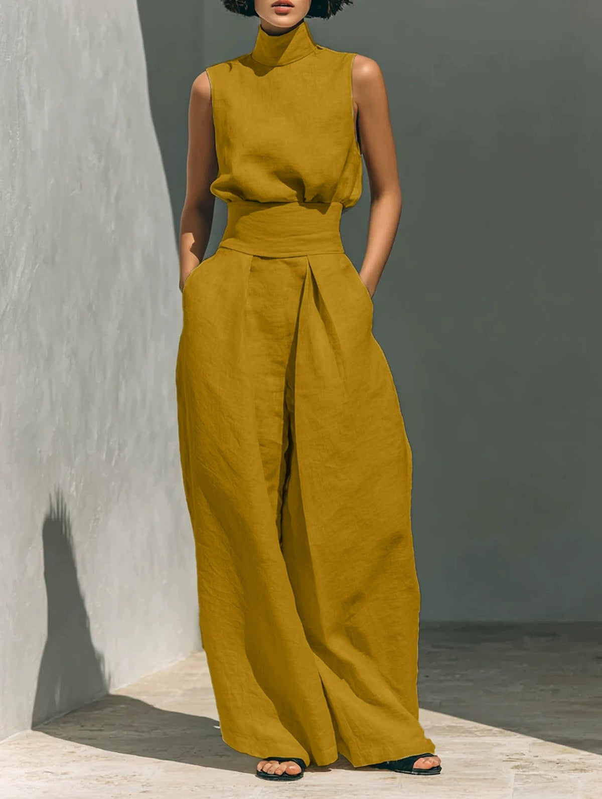 Casual Sleeveless Suit Summer Stand-up Collar Pullover Top And Loose Straight-leg Trousers Women's Clothing