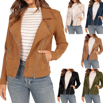 Fashion Deerskin Velvet Motorcycle Jacket Zipper Pocket Short Coat