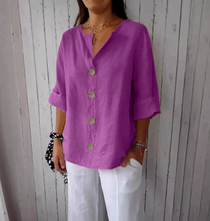 Loose-fit Women's V-neck Cotton-Linen Button T-shirt Top
