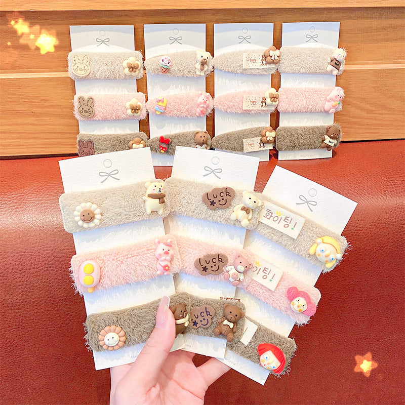 Children Cartoon Plush Bear Hairpin 3 Sets