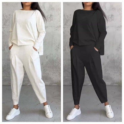Women's Irregular Suit Long-sleeved Round Neck Top And Loose Harem Pants With Pockets Ins Fashion Trousers Set Women's Clothing
