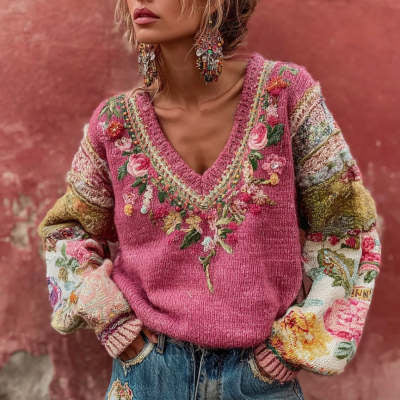Women's Casual Vintage Bohemian V-neck Top With Ethnic-style Long Sleeves